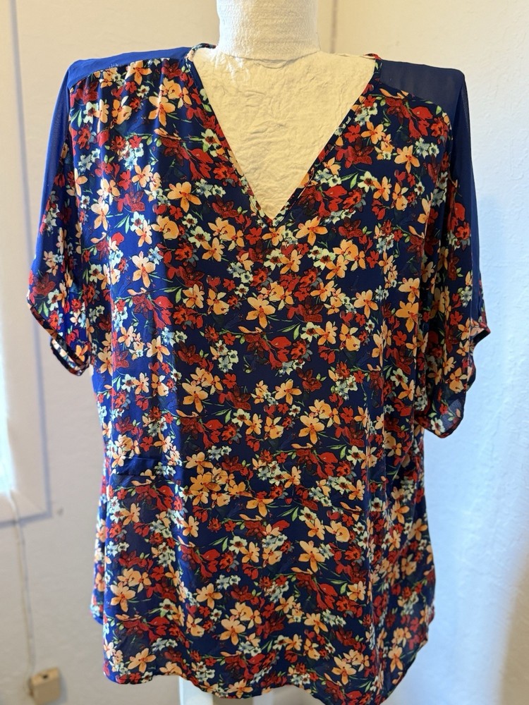 Eclair Women's Plus 1X Blue Multicolor Floral Chiffon Sheer V-Neck Blouse