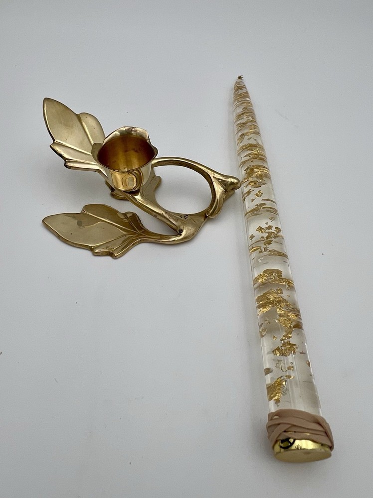 Lucite Clear Gold Flake Taper Candle With Solid Brass Leaf Taper Candle Holder