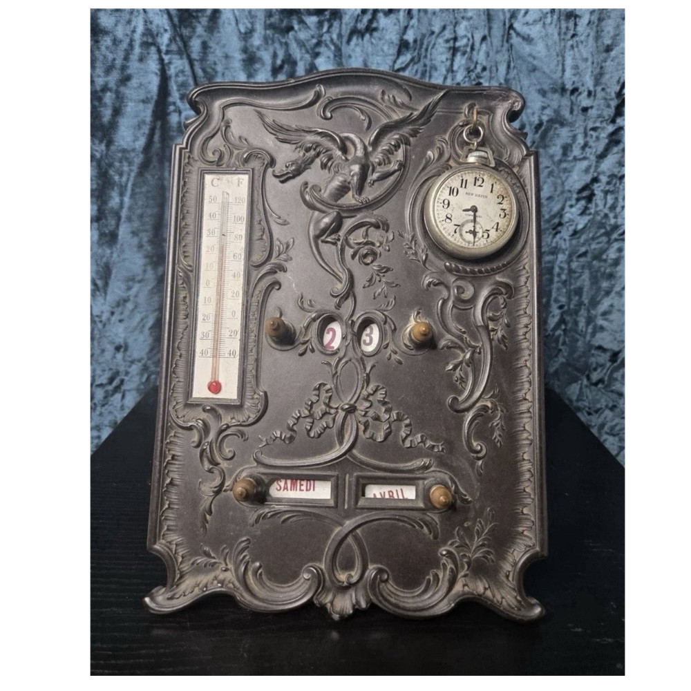 New Haven Metal Analog Desk Clock w/ Thermometer Calendar, Dragons, Black
