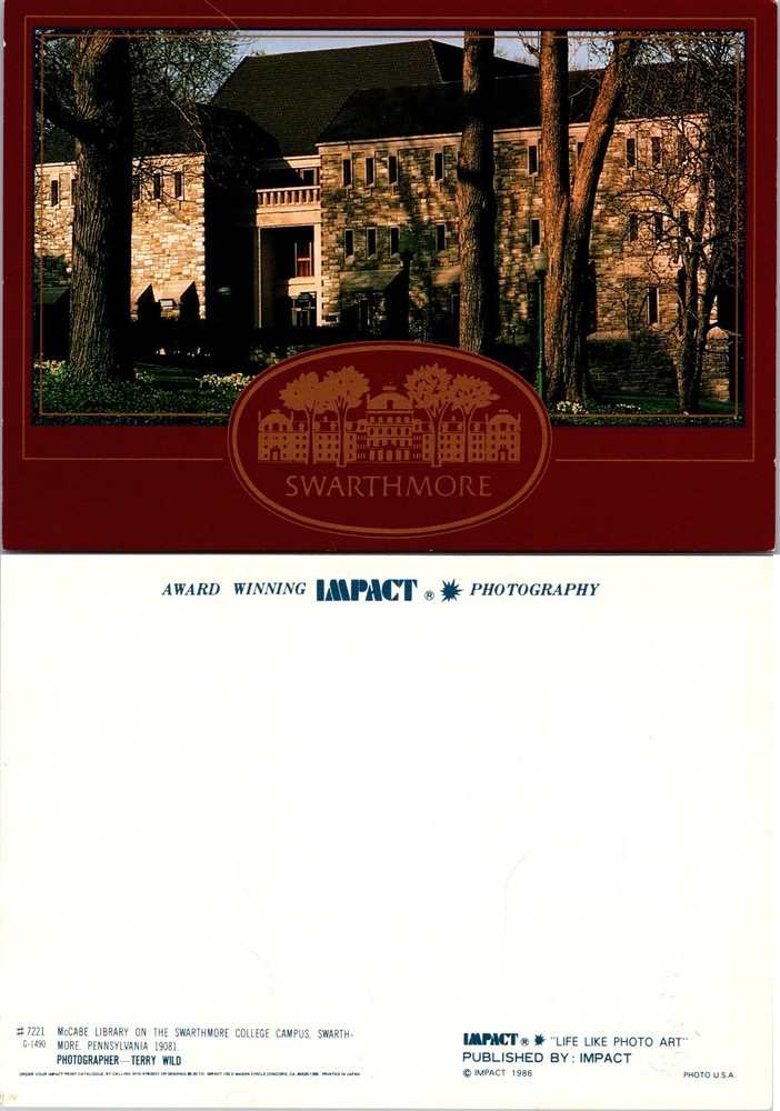 Continental McCabe Library Swarthmore College Pennsylvania Postcard