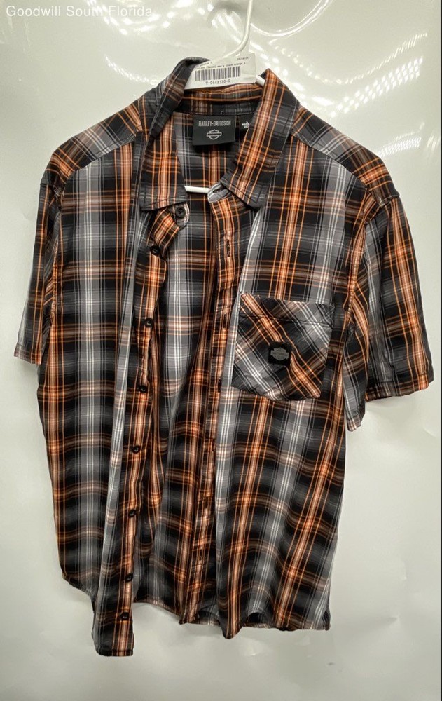 Harley-Davidson Mens Orange Black Plaid Short Sleeve Button-Up Shirt Size Large