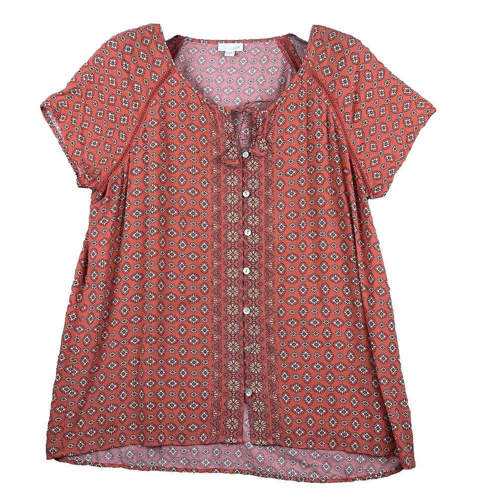 J.Jill Womens L Orange Floral Print Boho Peasant Blouse Rayon Button Front Tunic