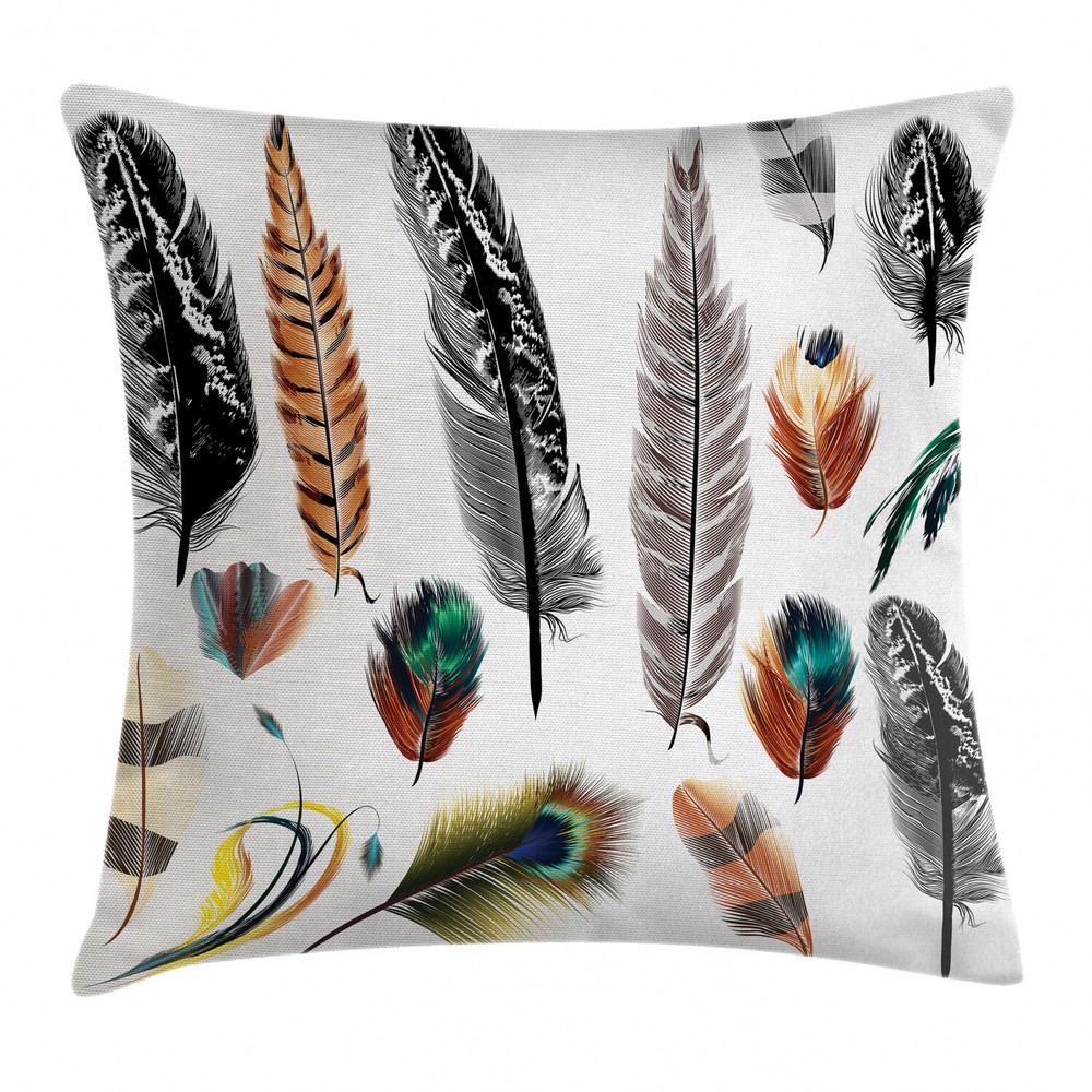 Boho Retro Bird Feather Vibrant Square Pillow Cover 24 Inches