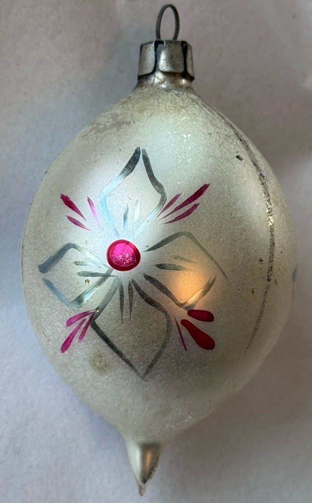 Vintage Poland Handpainted Mercury Glass Teardrop Pink Ornament 4” Beautiful!