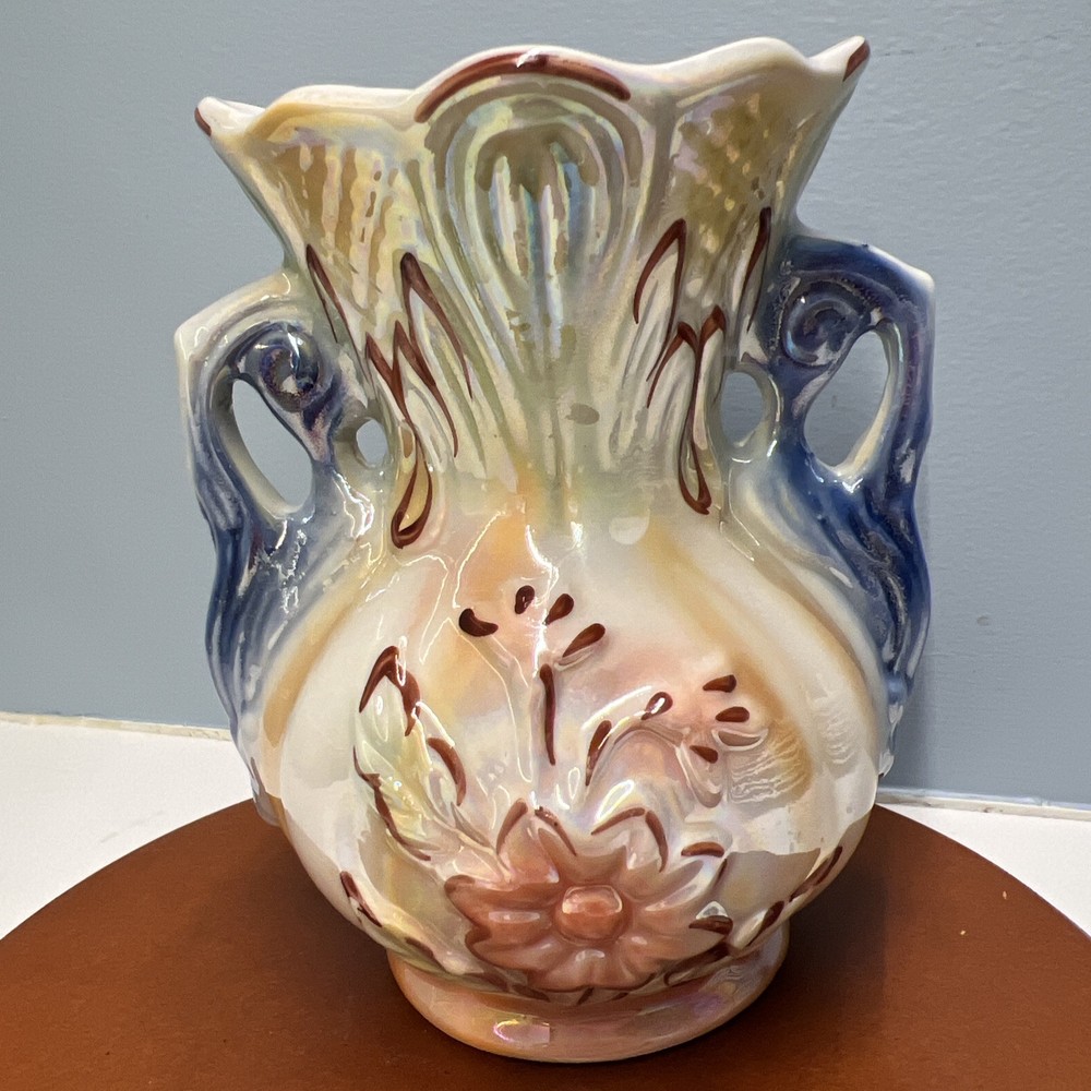 Vintage Lusterware Trophy Vase Made In Brazil Double Handles Raised Flower 422