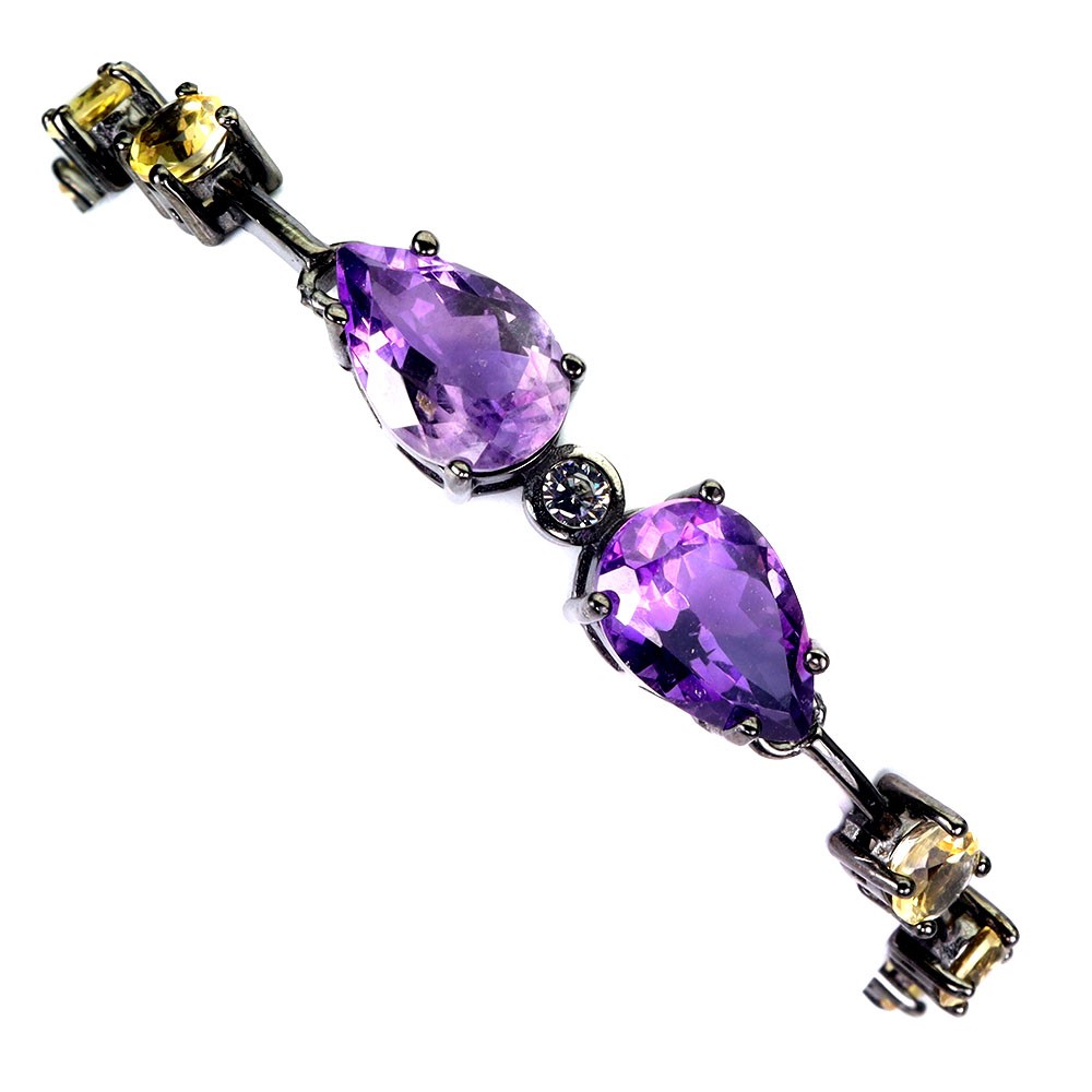 925 Sterling Silver Bracelet with Pear Amethyst and Citrine Gemstones 6in