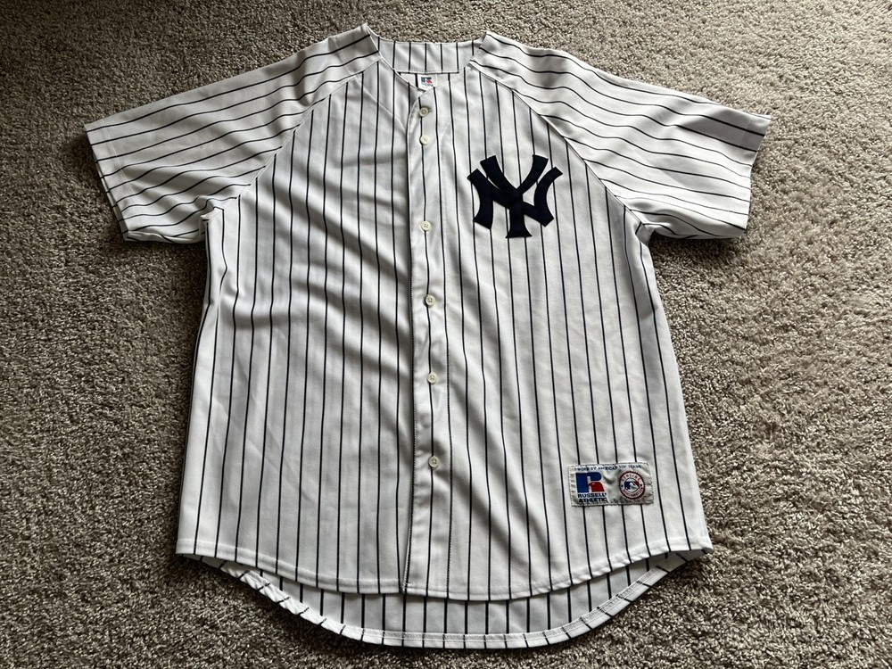 Vintage NEW YORK YANKEES Jersey White / Blue Pinstripe Russell Athletic Size XL