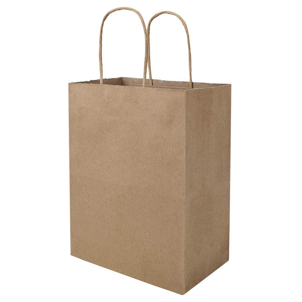 100 Pack 8x4.75x10 Inch Kraft Brown Paper Bags with Handles Bulk for Shopping Gifts Packaging