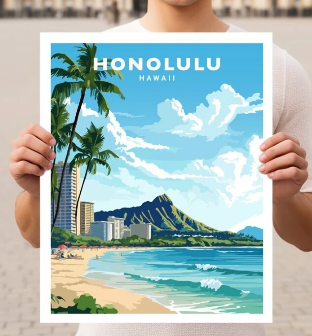Honolulu Hawaii Waikiki Beach Oahu Travel Wall Art Poster Print