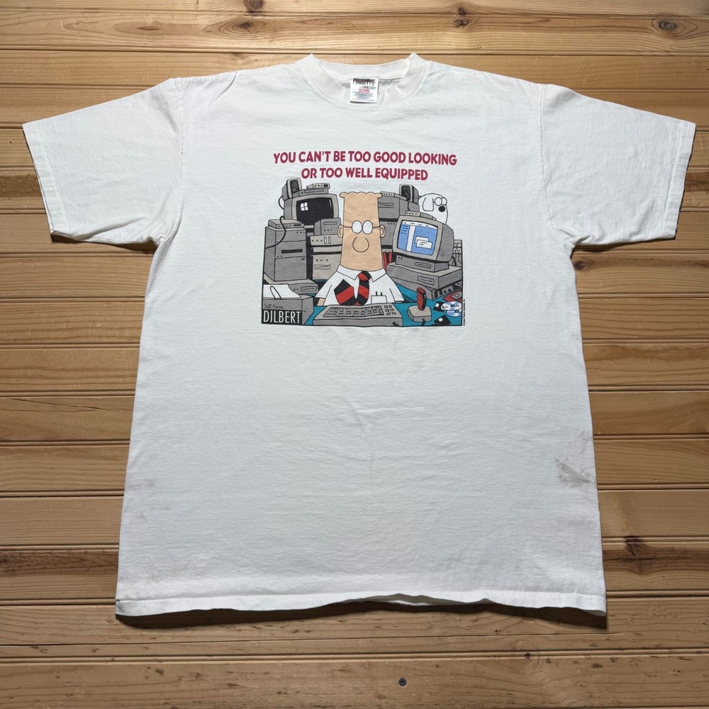 Vintage 90s Dilbert Comic Too Well Equipped Technology Graphic T-Shirt USA - XL