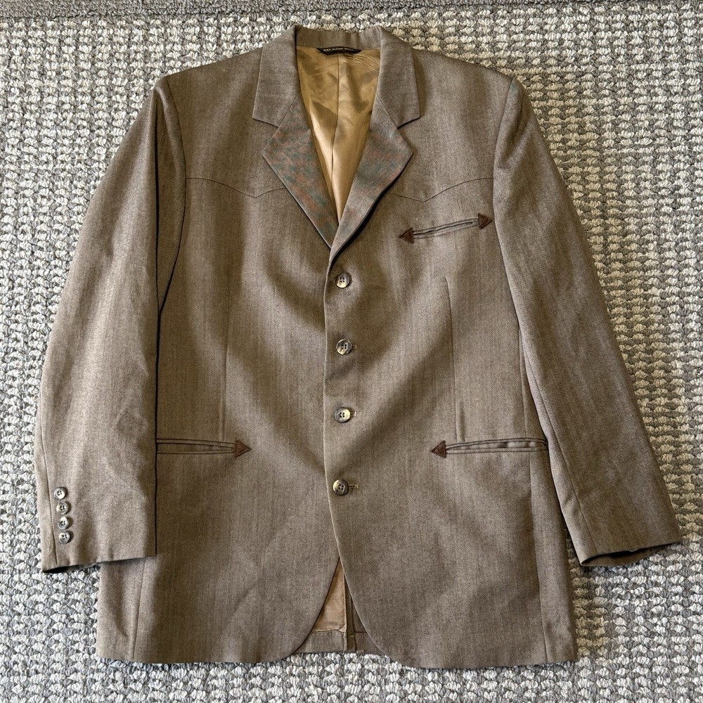 Vintage 70s Western Blazer Men’s 46L Brown Herringbone Sport Coat Jacket