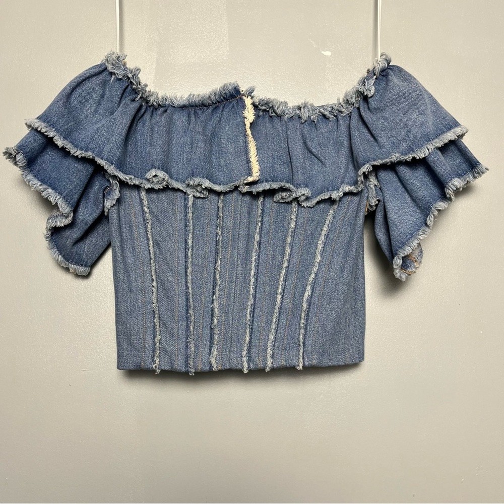 Dolce & Gabbana Denim Corset Off Shoulder Ruffle Top Bustier IT 36 Women's 0 XS