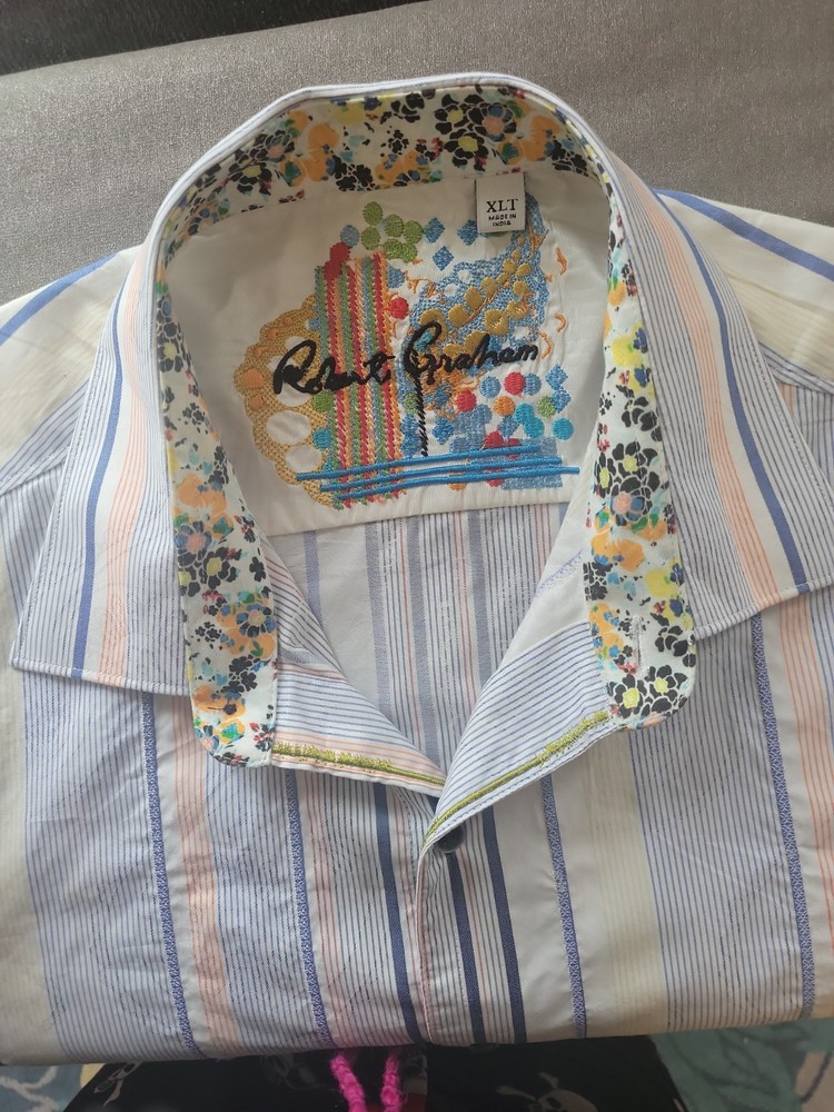 Robert Graham Flip Cuff Shirt Mens XLT Embroidered Button Up Multicolor Pastel