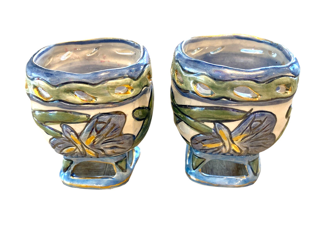 BLUE SKY CLAYWORKS Votive Tea Light Iridescent Cut Out Blue Candle Holder 2002
