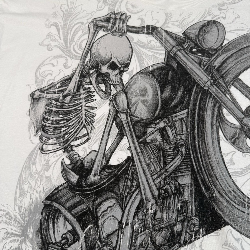 Alstyle Skull Y2K Biker Mens XL Graphic T- Shirt Skeleton Rider Motorcycle White