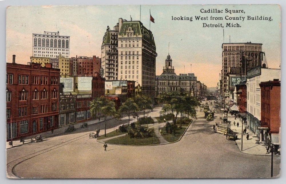 Cadillac Square Detroit MI Postcard - Wolverine News Co. 1910s