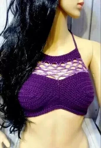 crochet womans handmade boho festival top summer S/M mesh purple USA