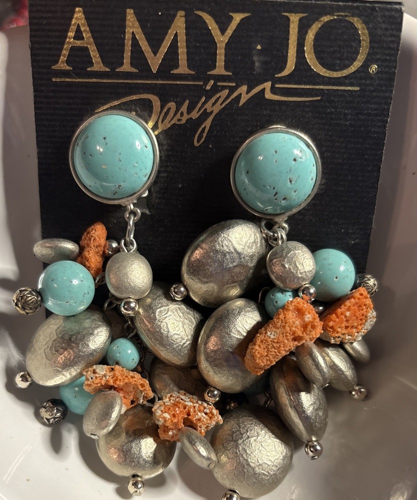 NWT Amy Jo Design Statement Earrings Faux Turquoise Coral Vintage New Clip On