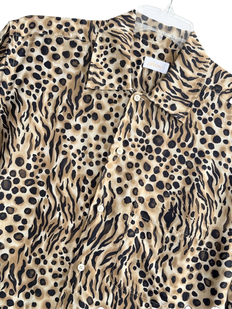 Brioni Leopard Animal Print Rayon Button-Up Shirt Men's M Camp Made in Italy