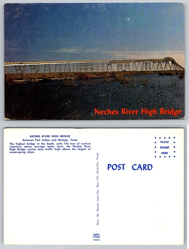 Neches River High Bridge Postcard Port Arthur Orange Texas Chrome