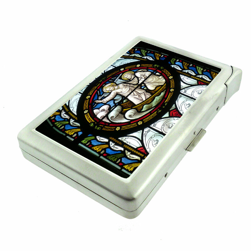 Stainglass Jesus Em2 100's Size Cigarette Case with Built in Lighter Wallet