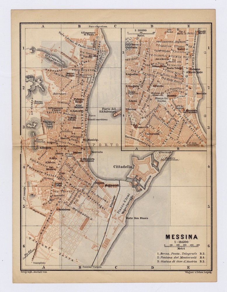 1900 Antique Map Of City Of Messina / Taormina / Sicily / Italy