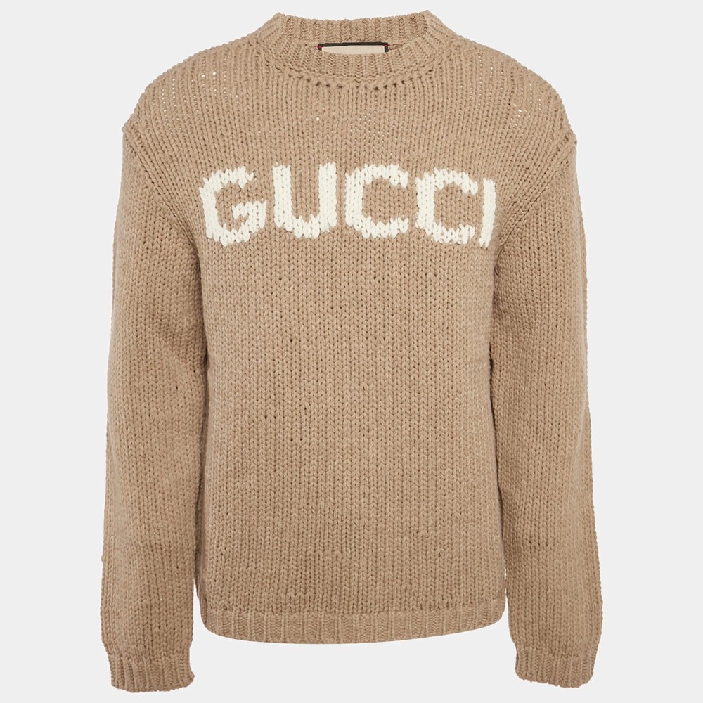 Gucci Brown Logo Intarsia Rib Knit Sweater L