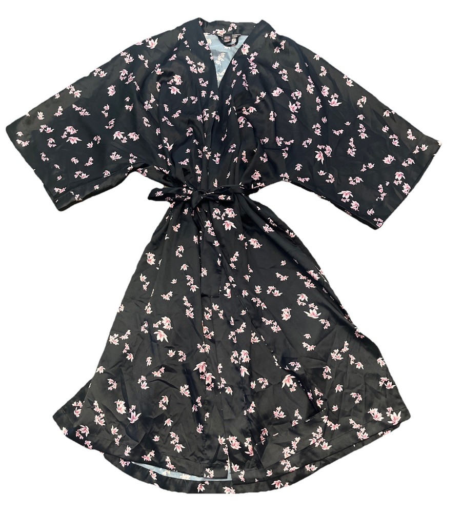 Victoria's Secret Women's Satin Kimono Robe Black/Pink Floral Sz XS. Tie Waist.