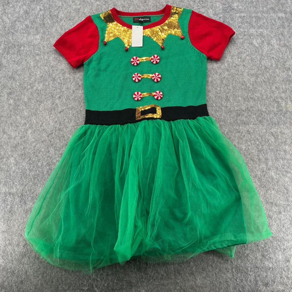 33 Degrees Ugly Sweater Elf Dress Tulle Green Jingle Bell Christmas S NEW