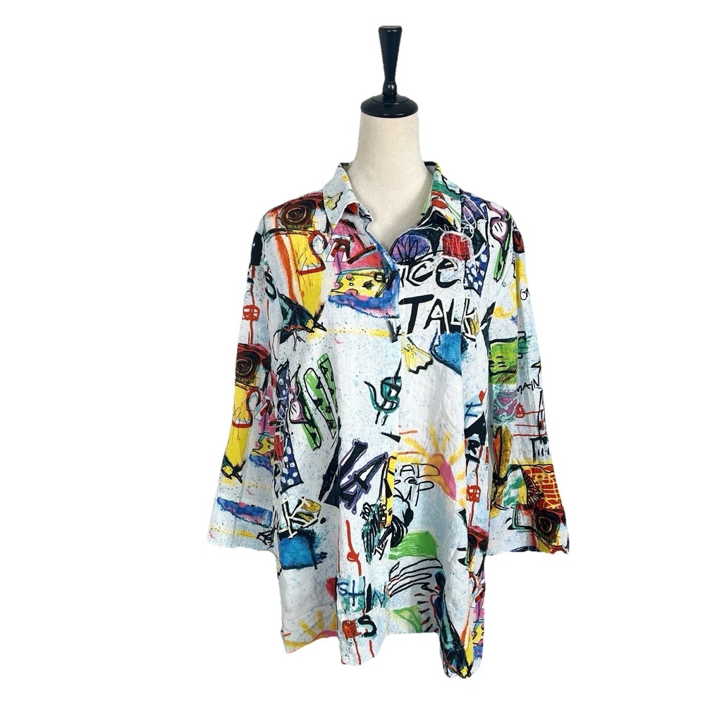 Ali Miles Womens Button-Front Tunic Abstract Print Top Graphic  Size XL-image