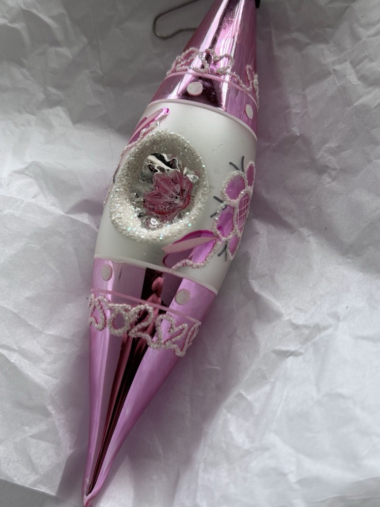 Vintage Modern Pink Indent Icicle Glitter Mercury Glass Ornament Poland