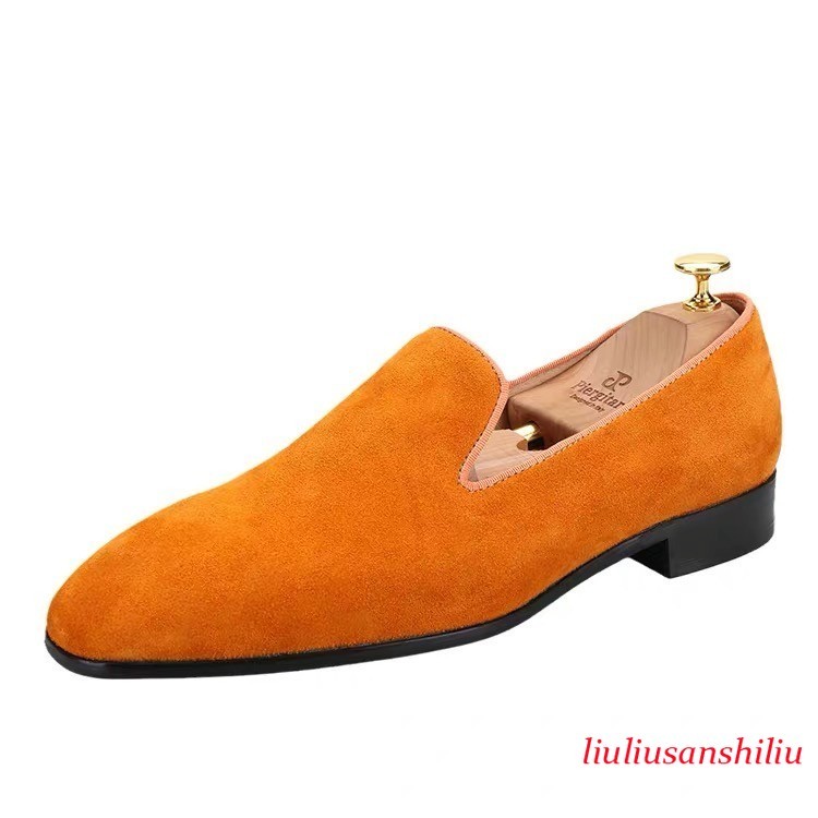 Men's Fashion British Round Toe Slip on Loafers Casual Party Suede Dress Shoes