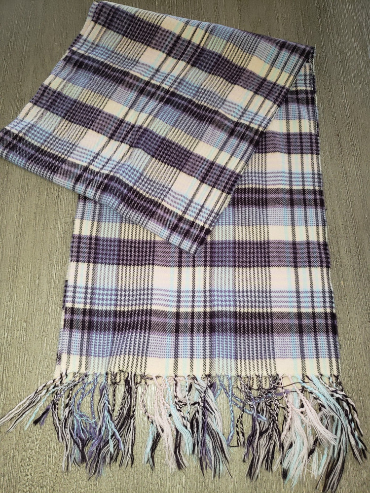 womens PLAID WINTER SCARF purple light pink blue yellow 64 x 12 inch plus fringe