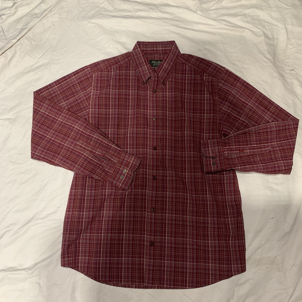 Eddie Bauer Men's Red Plaid Button-Up Shirt Size M Relaxed Fit Wrinkle Resistant