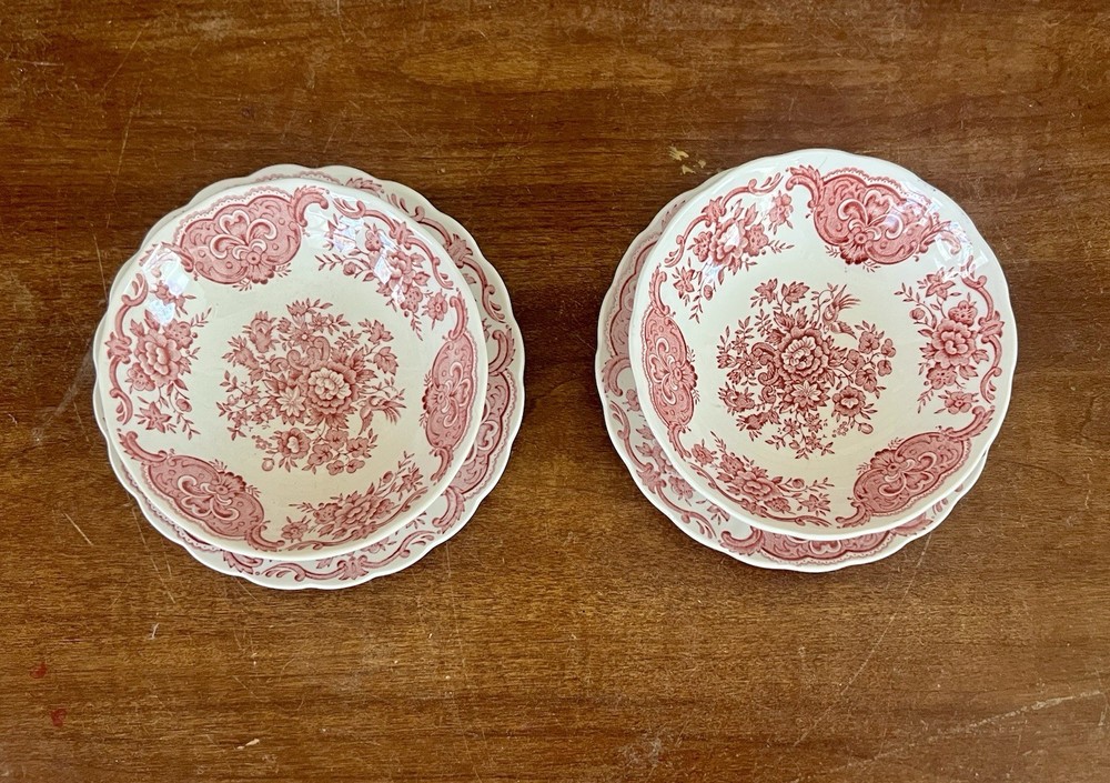 Ridgway Staffordshire “Windsor” Red Transferware – 4Pc Set (2 Plates + 2 Bowls)