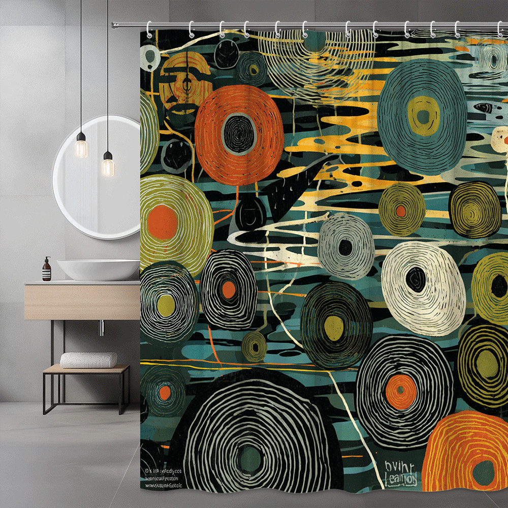 Abstract Circle Shower Curtain, Modern Swirl Pattern, Black Teal Orange