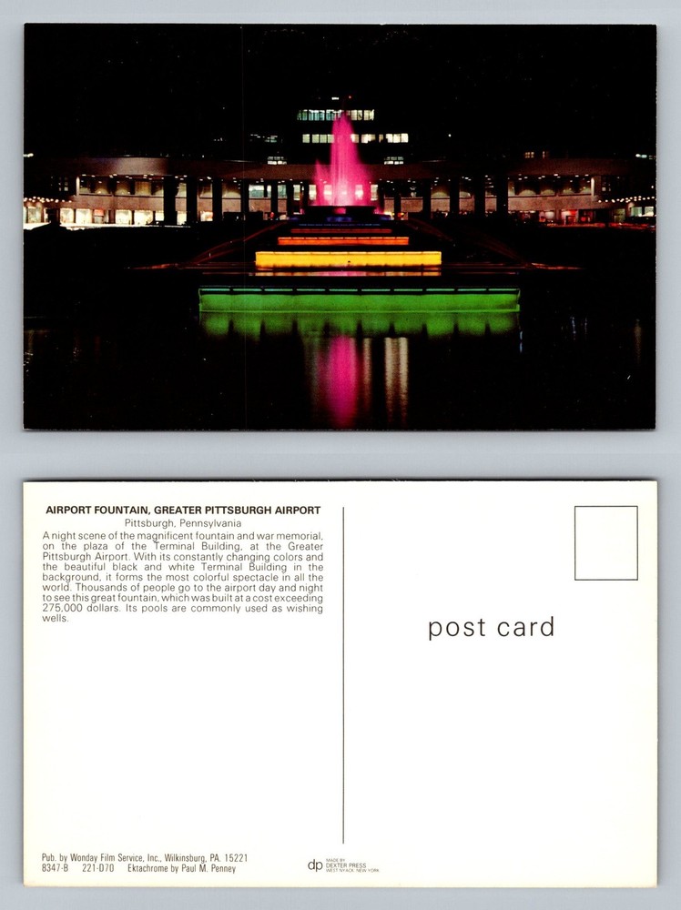 Pittsburgh, PA-Pennsylvania, Greater Airport Fountain Night Vintage Postcard