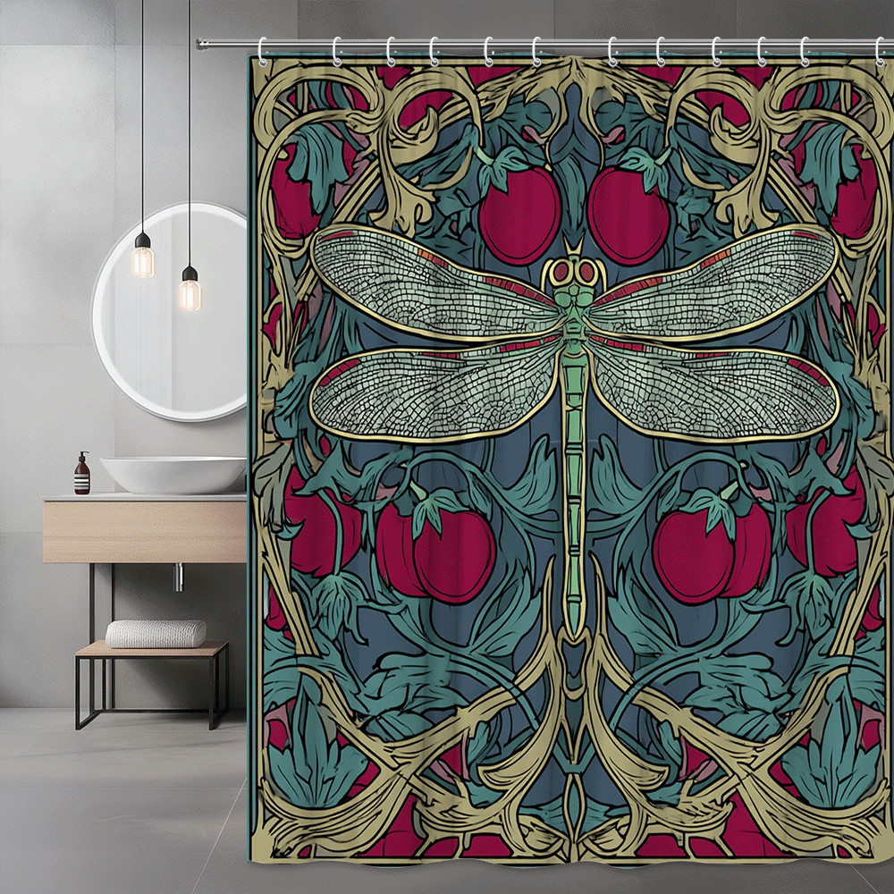 Dragonfly Floral Shower Curtain, Art Nouveau Style Graphic Print