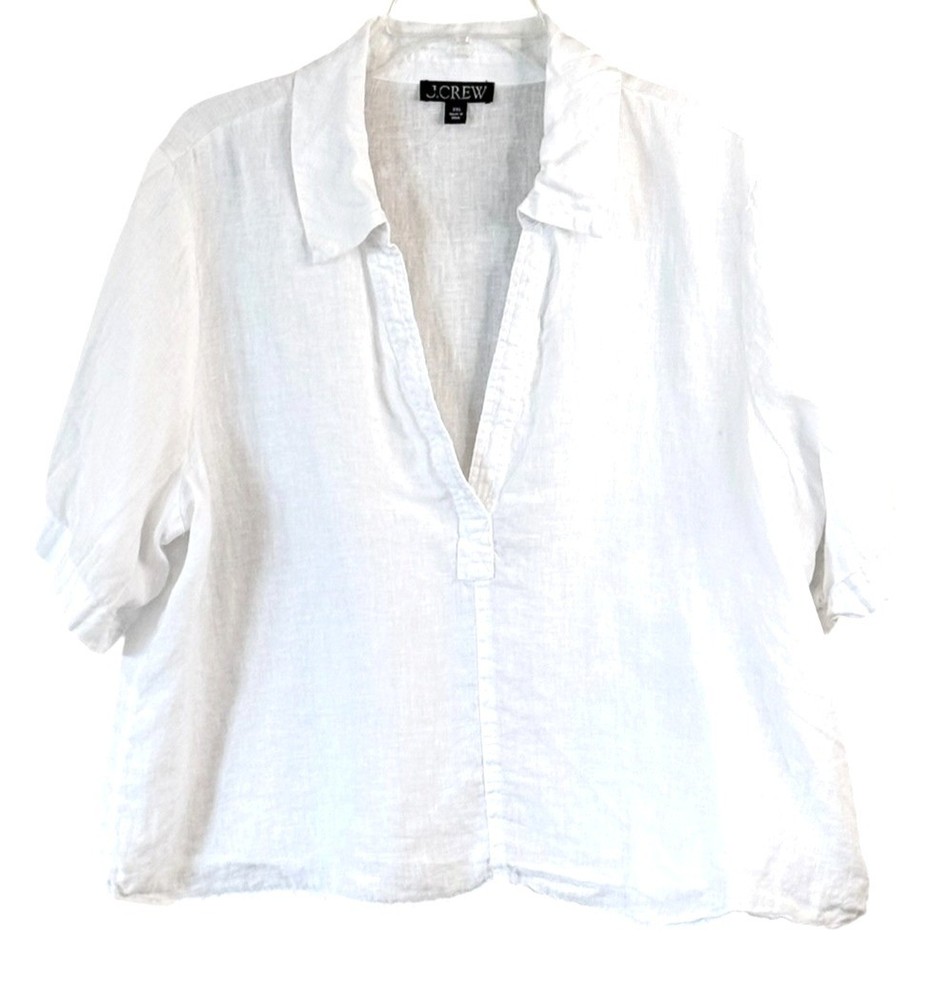 J. Crew Women's Linen Popover Top White V Neck Short Sleeve Collar Size XXL NWT