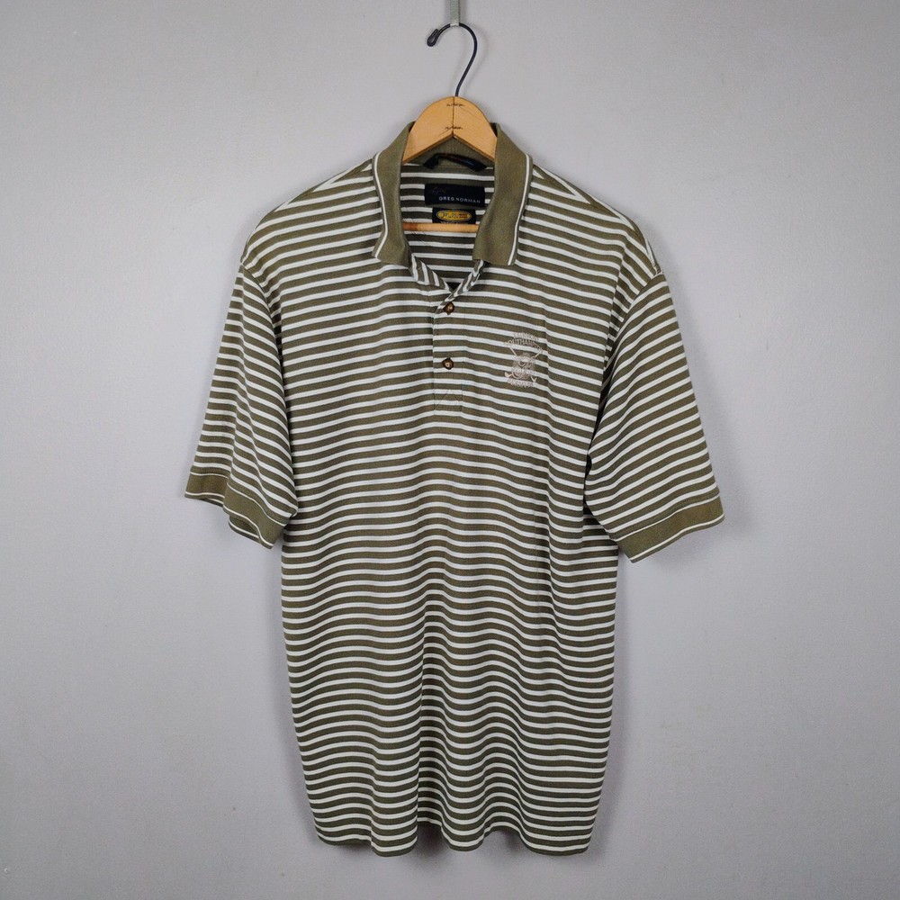 Greg Norman Men's Dry Vintage Short Sleeve Green Stripe Golf Polo Shirt Size M