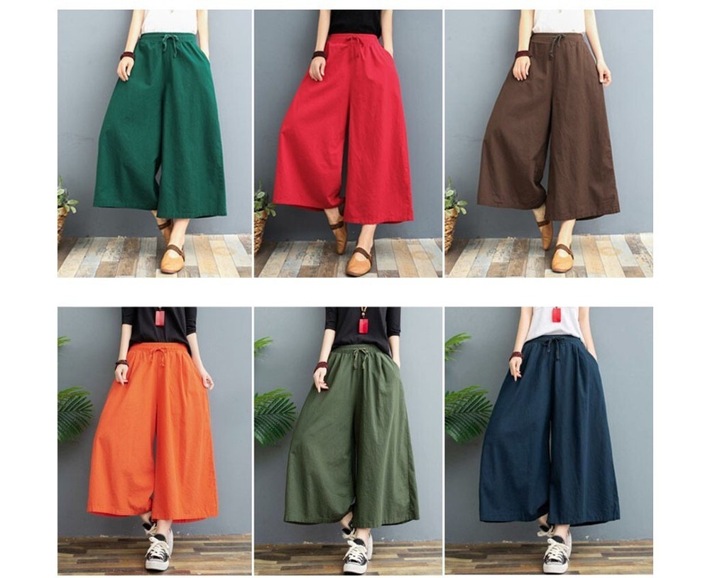 Wide Leg Cropped Pull on Pants Loose Casual Summer Culotte Palazzo Pockets