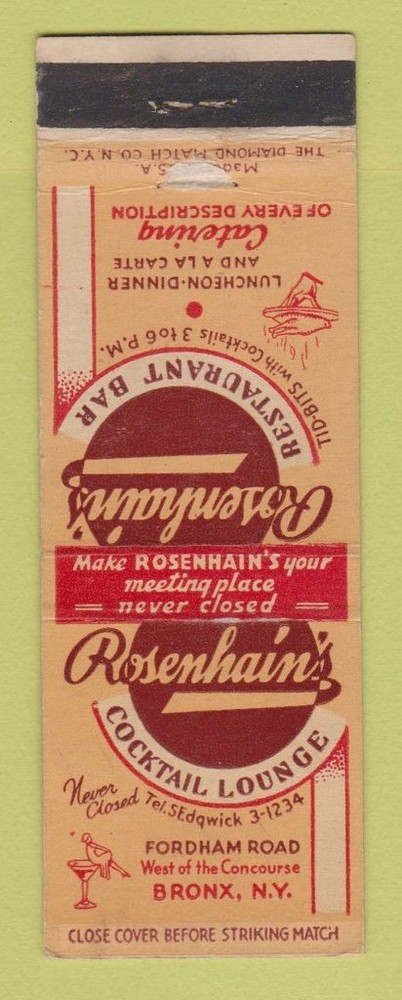 Matchbook Cover - Rosenhain's Restaurant Bar Bronx NY WEAR