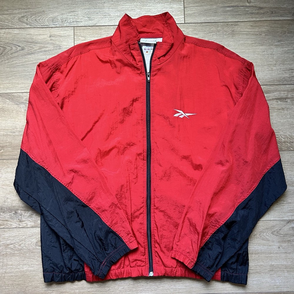 Vintage Reebok Windbreaker Jacket Mens L Red Black Track Jacket 90s Full Zip