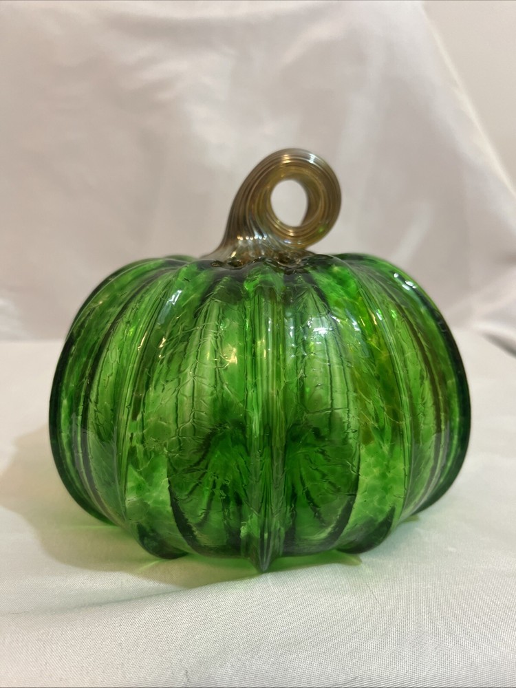 Hand Blown 5” Glass Pumpkin Green With Amber Stem Centerpiece Decor