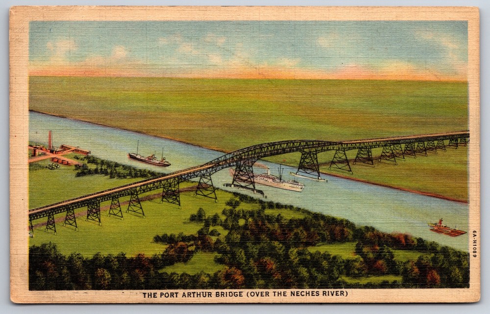 Orange Texas~Aerial Port Arthur Bridge Over Neches River~Vintage Linen Postcard