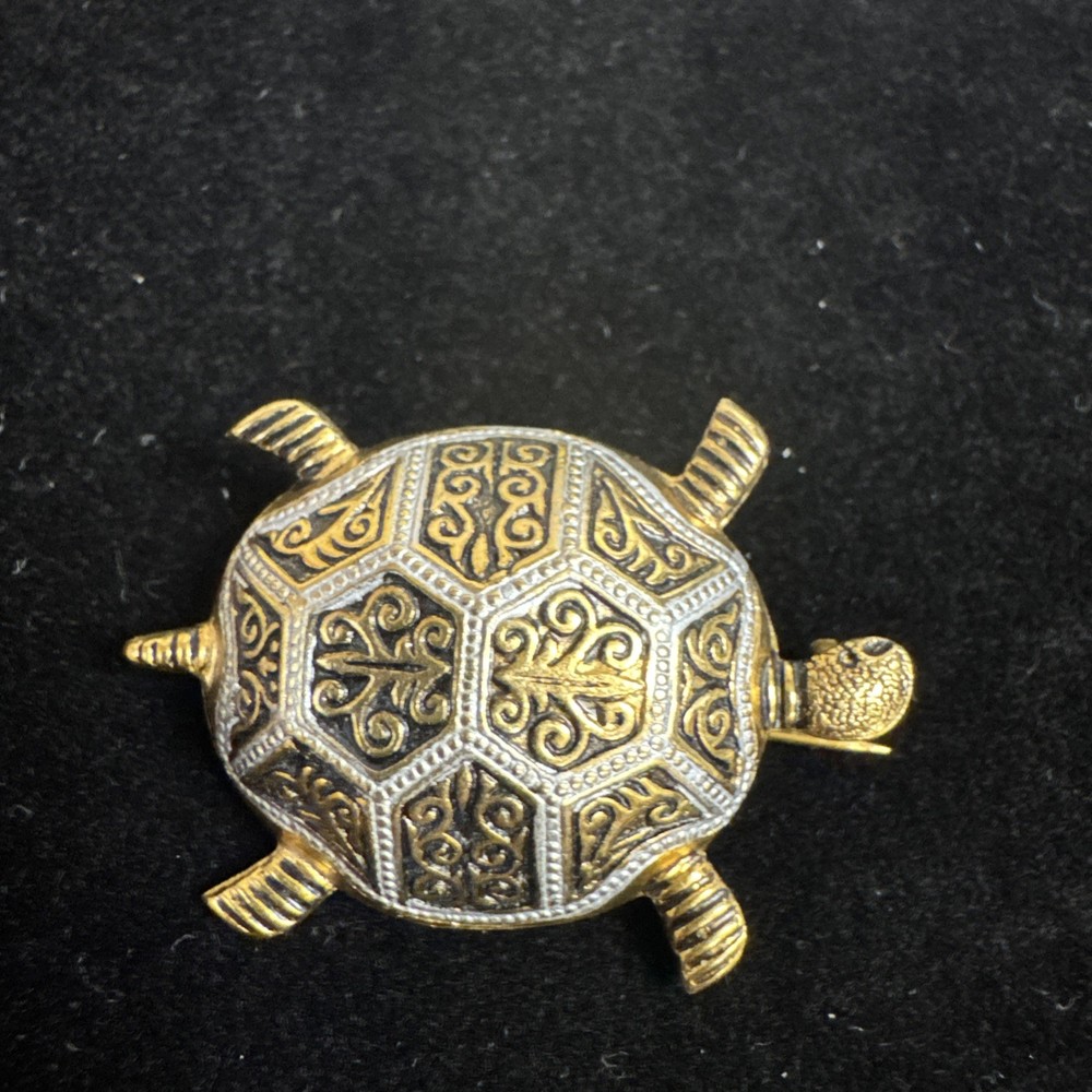 Vintage Turtle Brooch Pin Spanish Damascene Gold Tone Etched Matte Black
