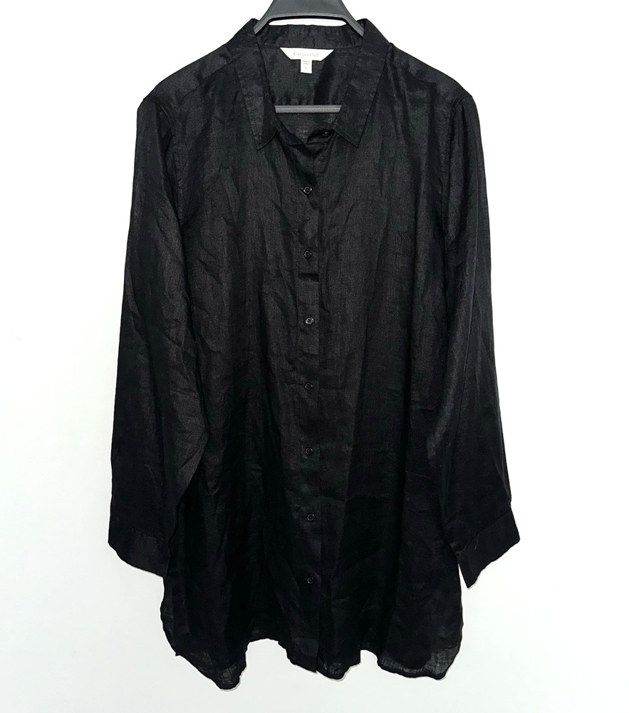 GARNET HILL Womens XL Button-Up Shirt 100% Linen Long Sleeve Black Lagenlook