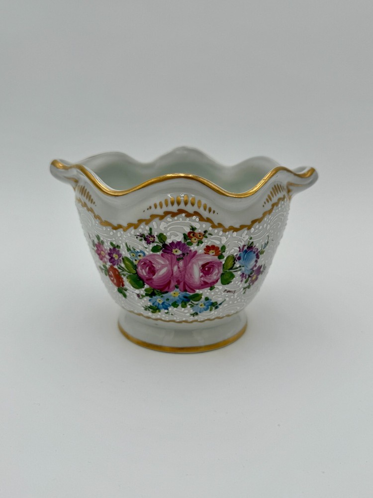 Vintage French Porcelain Hand Painted Flower & Gold Trim Jardinière Planter Pot