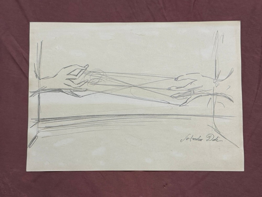 SALVADOR DALI  drawing and painting on old paper signed stamped vintage