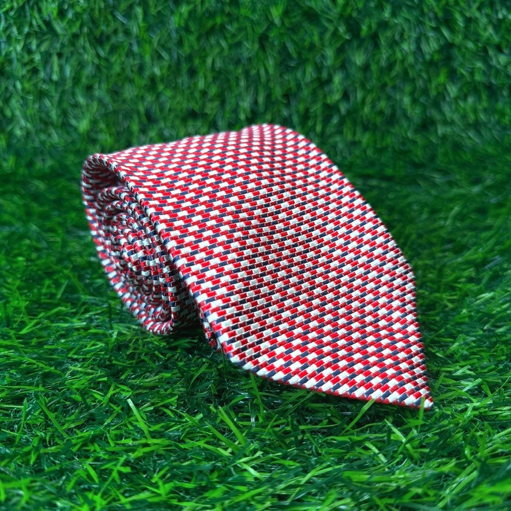 Jos. A. Bank Mens Silk Tie Red White Blue Geometric Micro Check Made in Italy